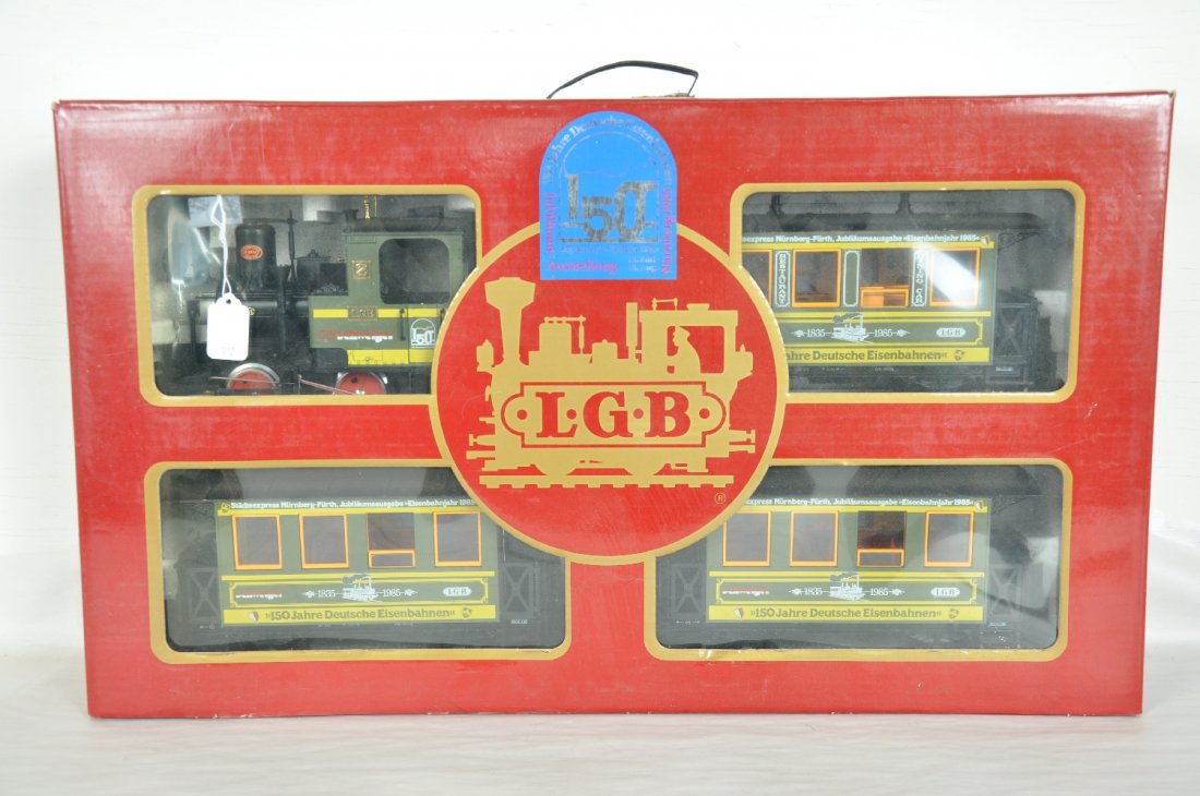 LGB G gauge 150 Year Nuremberg Train Set: 1985 issue set within 0-4-0 steam loco & 3 coaches. They have a nice set box. Perfect paint and trim. Wheels appear test track run. C9