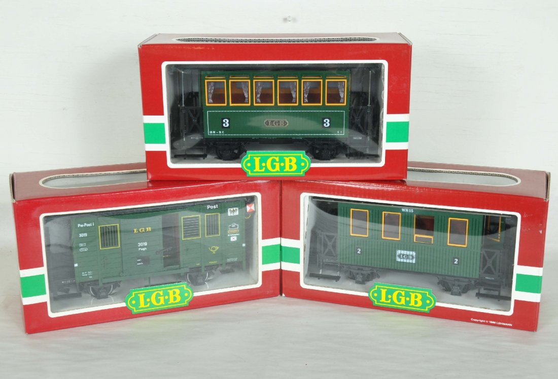 3 LGB G Ga Passenger Cars: Includes boxed 2 Coaches, & 1 Postal Wagon #s: 3040, 3019, 3106. Perfect paint and trim. Wheels appear test track run. C9