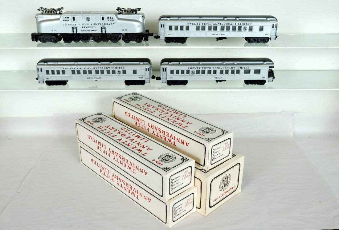 4 pc Williams TCA 25th Anniversary Set: Includes boxed 1954 #1979 GG-1 Locomotive, 2502 Pullman, 2503 Pullman, 2501 Observation. Cars are Heavyweights. Has master carton and inserts. Perfect paint and trim. Wheels appear test track run. C9
