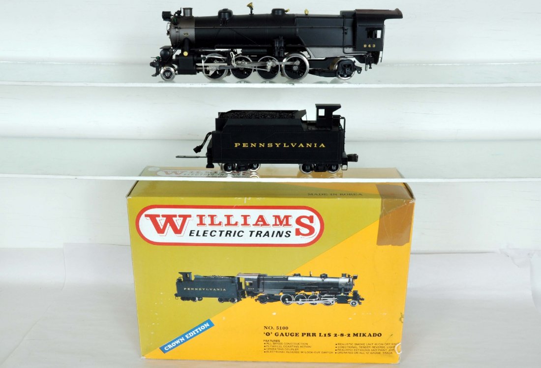 Williams PRR L1S 2-8-2 Mikado: Includes Boxed Loco and Tender, No. 5100, O Gauge, Painted Brass, Perfect paint and trim. Wheels show light to moderate run time. C8.