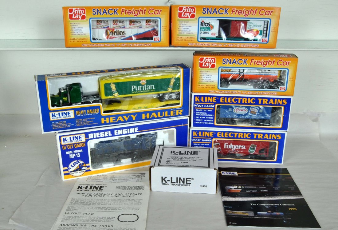 K-Line Extended P&G Set: Includes 1990 MP-15 Diesel, 22050 Flat Car with Semi, 101681 Folgers Hopper, 91951 Crisco Caboose, boxed track, K-950 transformer in setbox. Plus TE4330 Doritos Gondola, TE4310 Tostitos Box Car, TE432