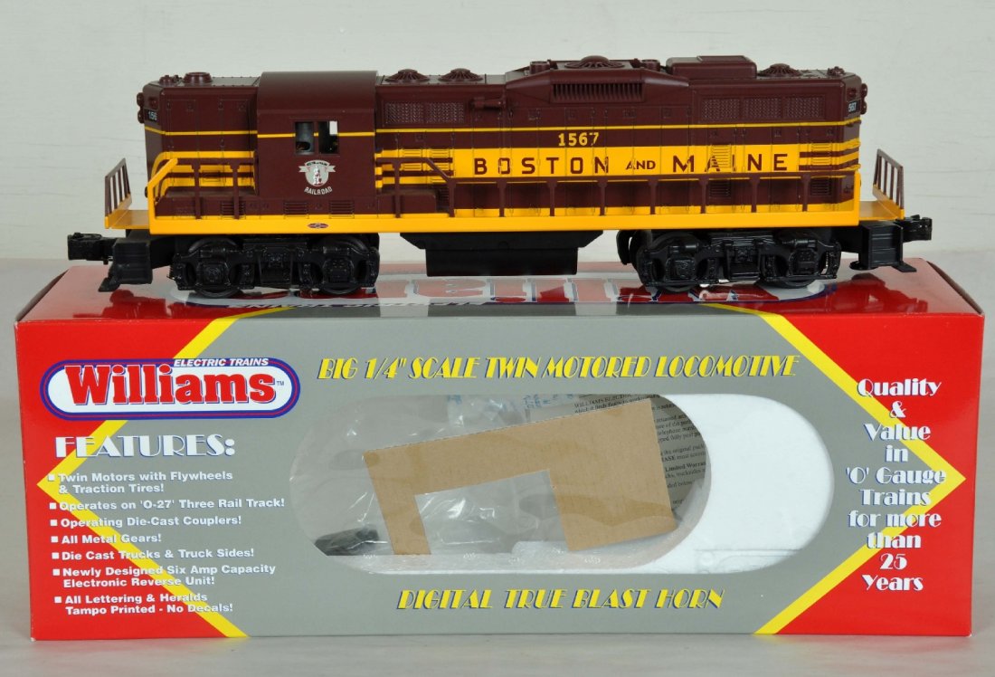 Williams GP9-123 Boston & Maine Diesel: Includes Boxed Red/Gold Power A w/ true blast II, Cab #1567. Perfect paint and trim. Wheels show light to moderate run time. C8