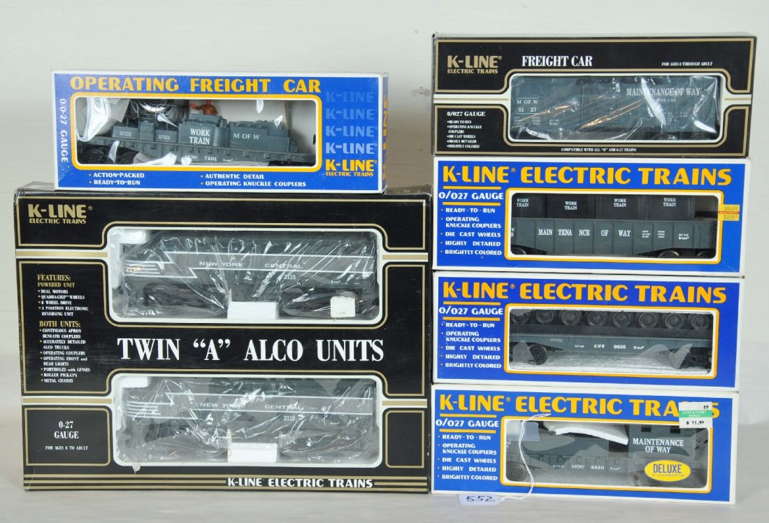 K-Line NYC Diesel Freight Set: Includes boxed 2115 NYC Alco AA Diesels, 5127 Freight Car, K-6519 Gondola w/ Crates, K-6625 Wheel Car, K-6850 Boom Car, K-7201 Searchlight Car, Perfect paint and trim. Wheels show light to moderate ru