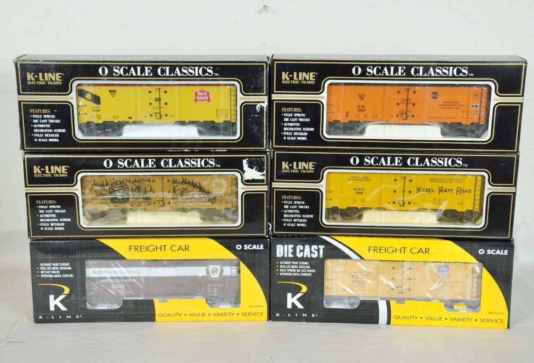 K-Line 6 pc Reefer Cars: Includes boxed O Scale, K7607 N&W, K7608 Rock Island, K7609 ND, K7610 Pig's Eye, K572-2112 Die Cast Pacific Fruit Express, K761-1897 Die Cast PRR Merchandise Service Box Car, Perfect paint and trim. W