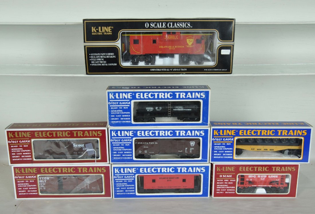8 K-Line Freight Cars: Includes 90006 ore car; 64851 SF boxcar; 6825 PRR wheel car; 5411 SP tank; 5111 Cotton Belt boxcar; 6113 ACL caboose; 613-1451 D&H Caboose