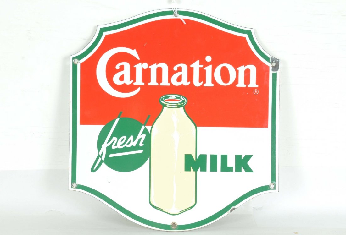 Nice Carnation Milk Porcelain Sign: Circa 1940s, 1 sided, 3-color sign. 14 X 15" with clean, bright front. Back has light rust spots. It has a surface chip near 1 mounting hole, otherwise is very nice condition, C7-7+