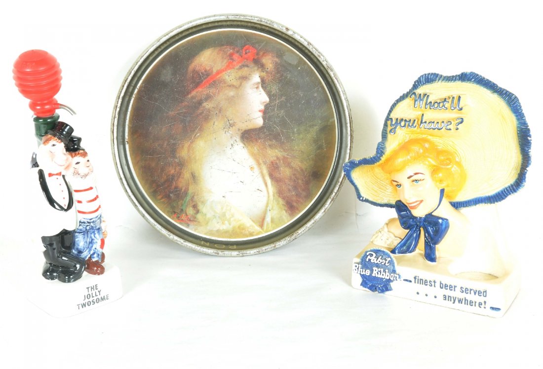 3Pc Liquor & Beer Advertizing Lot: Includes a nice Pabst ceramic store display #2337, 11 1/2" tall, C7; 1900s Christian Feigenspan Brewing pretty lady serving tray, C5; Jolly Twosome ceramic drink dispenser, C8