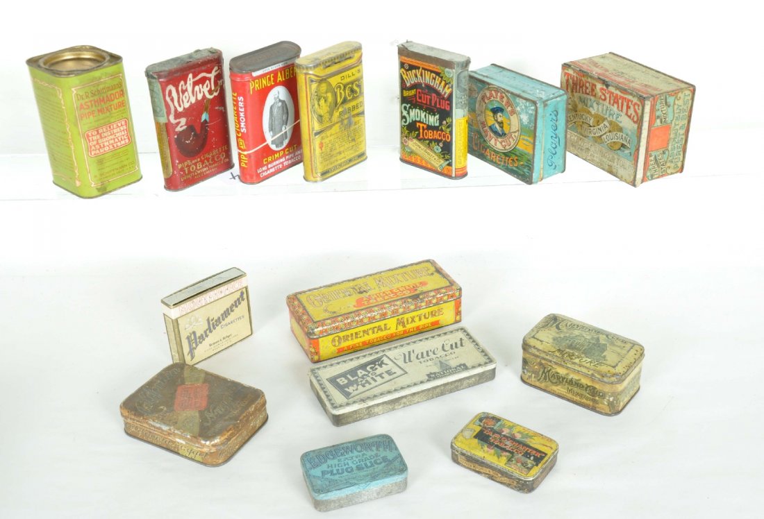 14 Early Tobacco Tins: Nice selection with some unusual variations. Includes a "Tam O'Shanter"; Maryland Club; Buckingham Bright(Full!); Players Navy Cut cigarettes; 3 States Mixture, all in very colorful cans, plus 10 othe