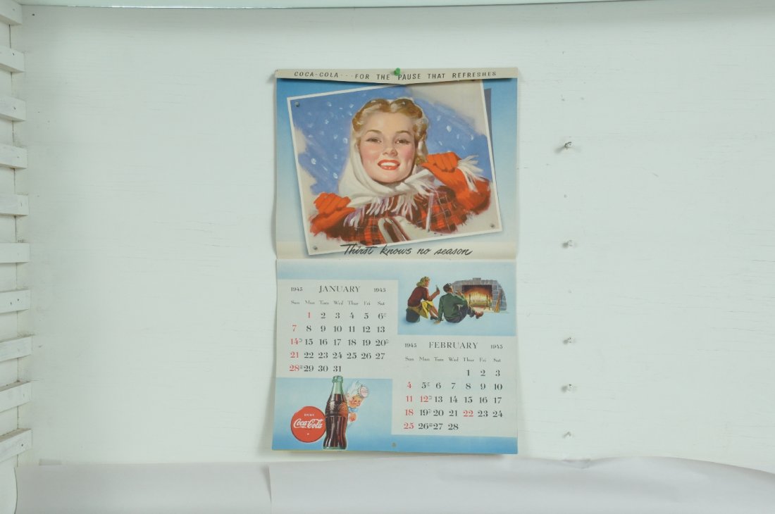 Rare 1945 Coca-Cola Calendar: 13X22", clean & complete with wonderful image. Few of these were printed and very collectible. There are 6 different pages all bright. Clean nice example