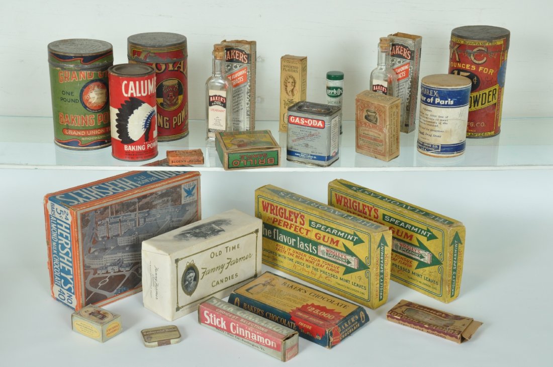 25Pc Vintage Packaging Lot: Nice group of 1920s through 1950s packaging. Lot includes gum and candy containers, Wrigley's are full of original wrappers and coupons; spices containers, with three having bottles included; medicina