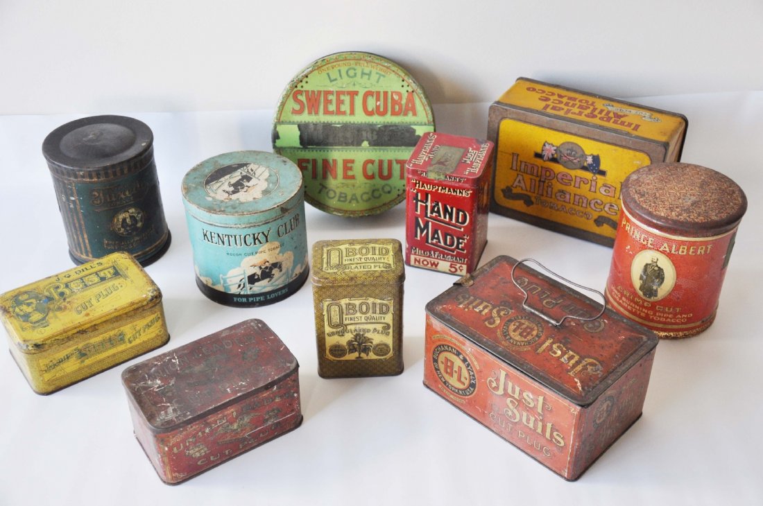 10 Vintage Tobacco tins: Nice assortment including an 8" Sweet Cuba; Kentucky Club with a nice race horse motif; Colorful Imperial Alliance and others. All show signs of use and age with some soiling. Union Leader has a dente