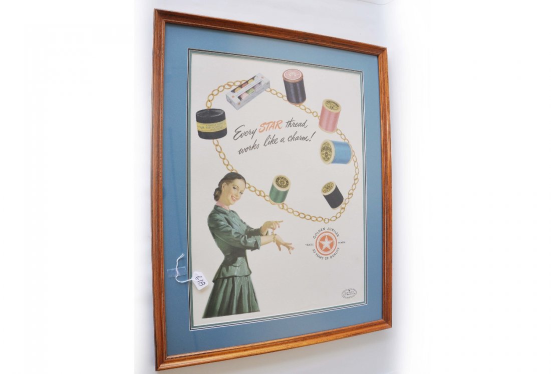 Nice 1948 Star thread Advertising Sign: 32 1/2 X 25 1/2 paper litho sign, framed and triple matted under glass. 50 year American Thread/ Clark anniversary poster. The color is vibrant with a super pretty lady image. There is a light stain a