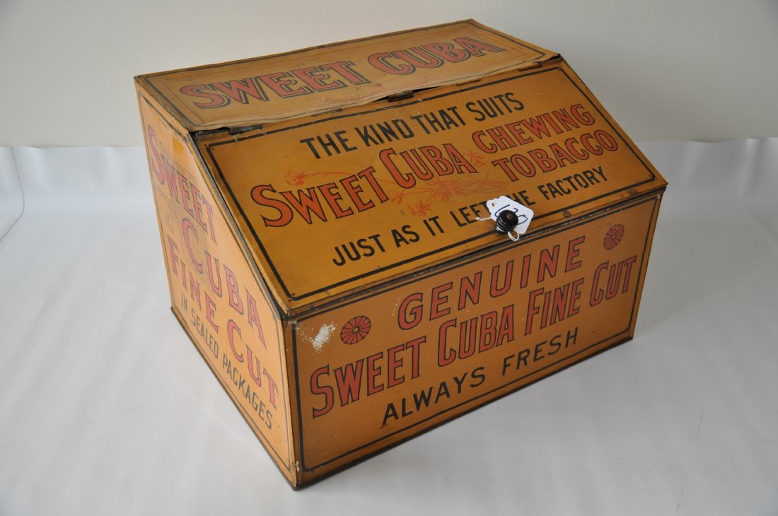 Large Sweet Cuba Tobacco Dispenser: 18 X 14 X 12" nice bright color showing only light to moderate wear. It is one of the nicest examples we have seen in years! The lid has printing inside as well and this will make a nice addition to y
