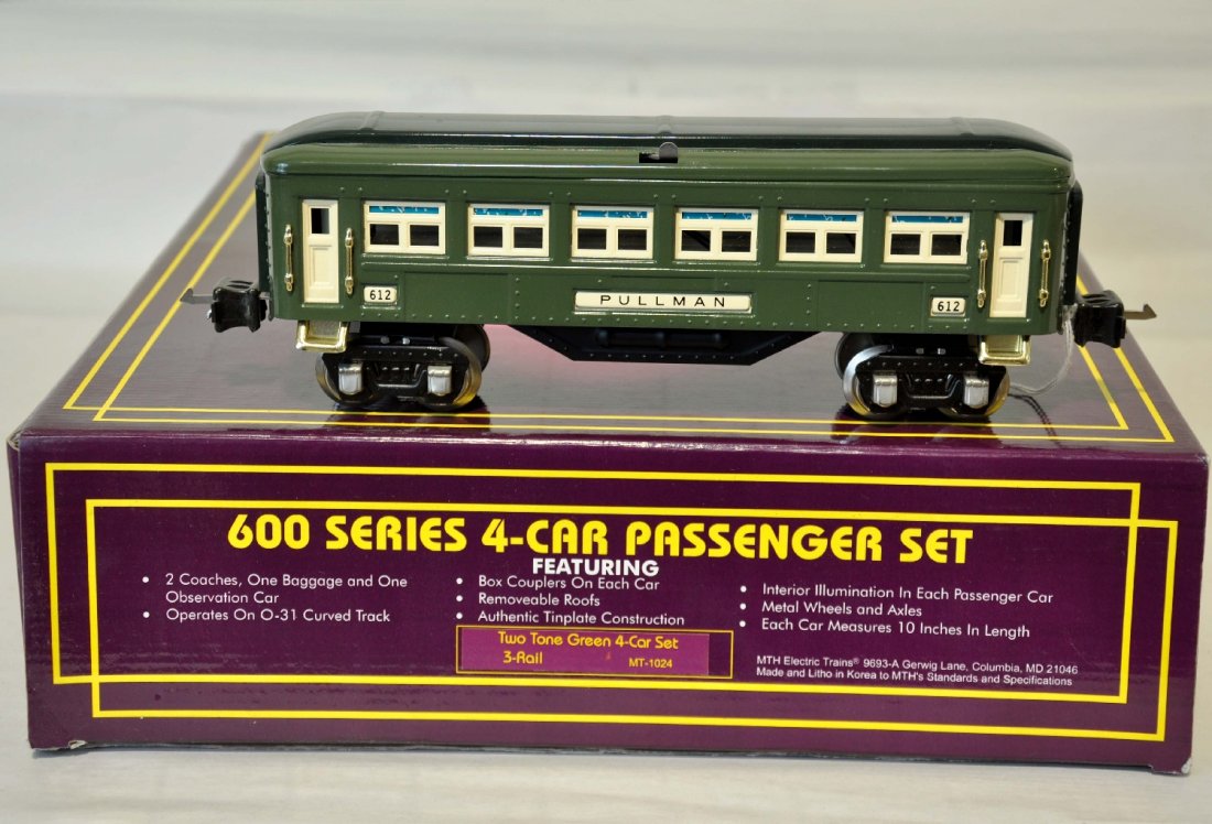 MTH MT-1024 600 Series Cars: Nice reproduction 600 series passenger cars in green. Includes Baggage, 2 Pullmans & Obsv, MB Couplers, osb C9