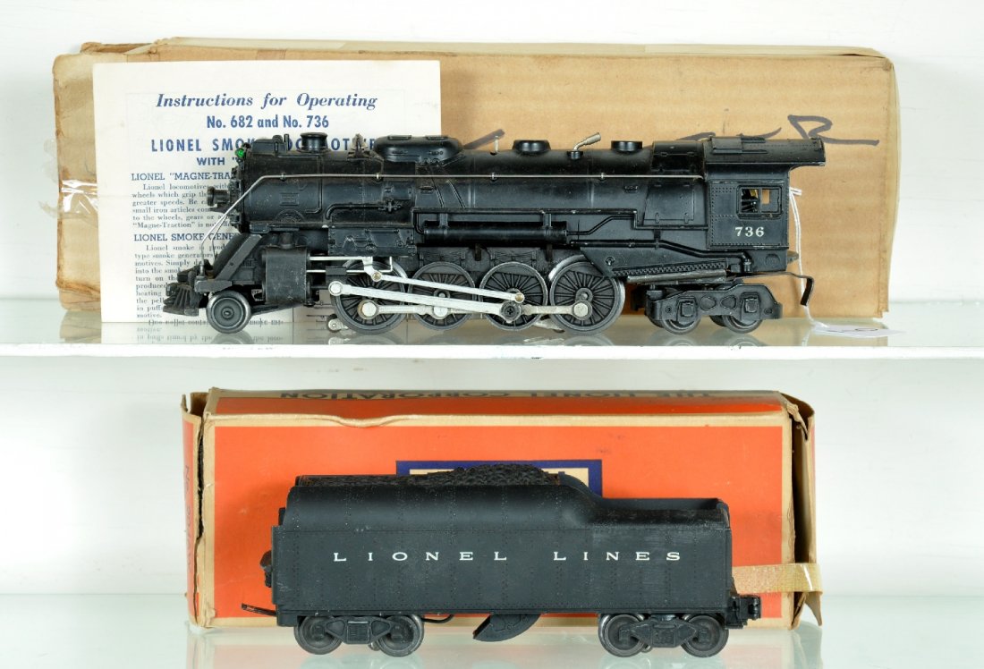 Boxed Lionel 736 Berkshire Locomotive: Circa 1954. clean loco with nice side rods and lettering; 2046W tender. Both show light to moderate playwear with boxes, some writing & instructions, C6+-7