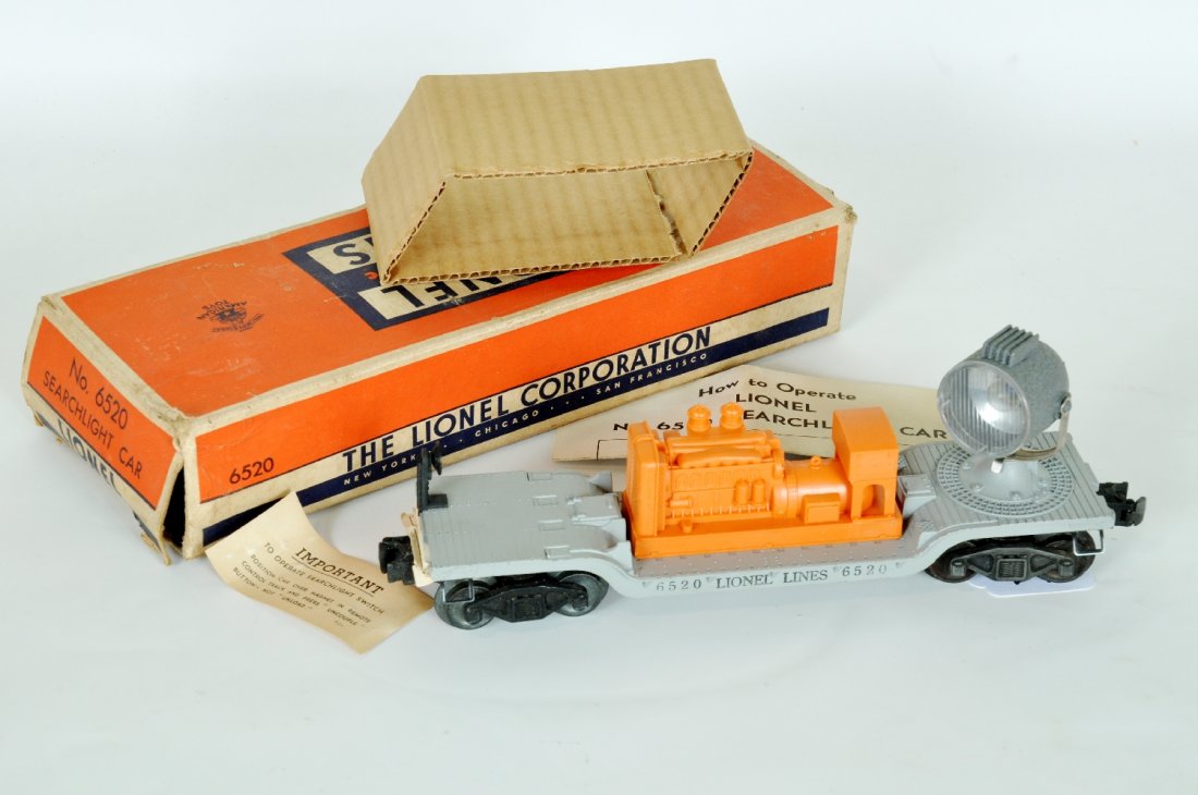 LN Boxed Lionel 6520 Searchlight Car: Super clean & bright with amazing patina. It is unrun with 3 instructions, insert and C7 ob. It shows minor signs of handling, C9, Not often found in this condition