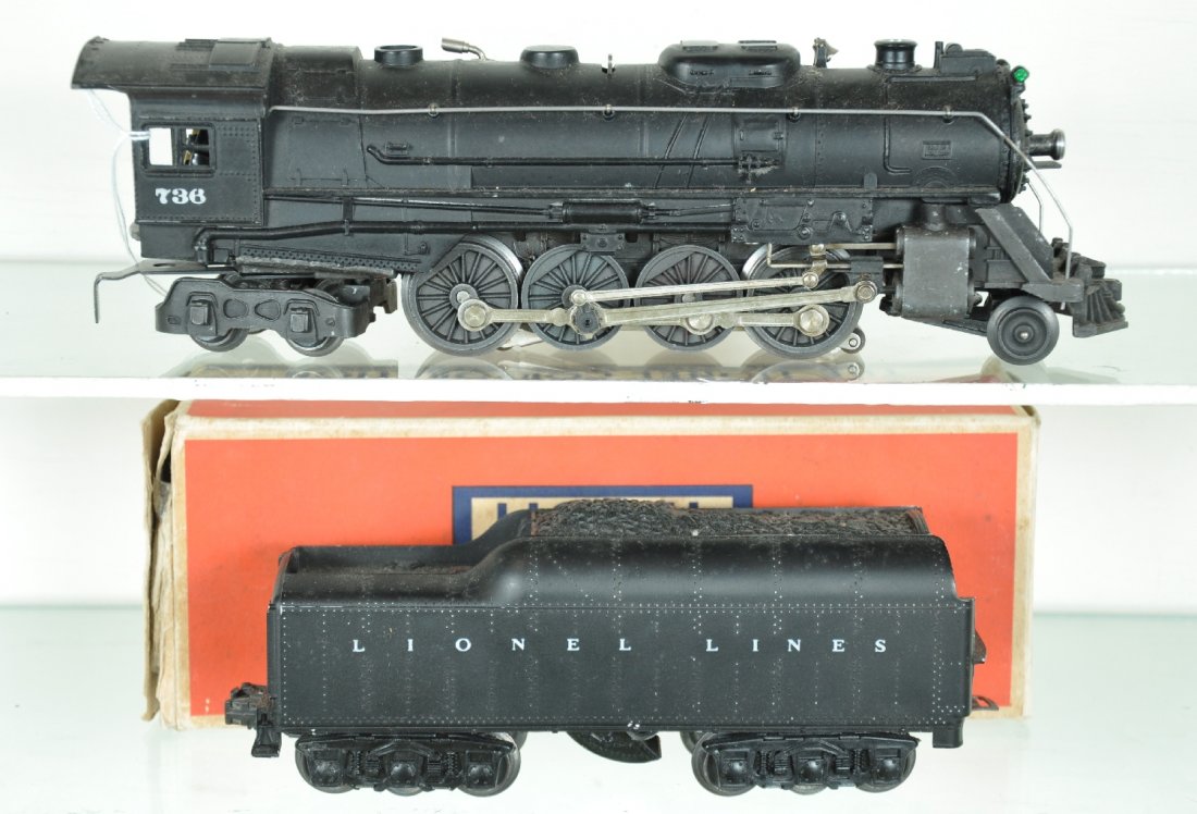 Clean 1950 Lionel 736 Berkshire: Includes a 2-8-4 steam loco, 1950 version with unsupported headlight casting; Correct 2671WX wide space lettered tender with box. They match and show moderate playwear, C6