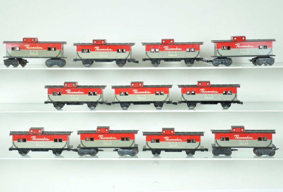 11 Different Number Marx NYC Cabooses: Includes 20110, 20111, 20112, 20113, 20114, 20117, 20118, 20120, 20121, 20122, 20123. All vary in trucks and couplers. They are fairly clean & shiny showing moderate playwear, C5+-6+