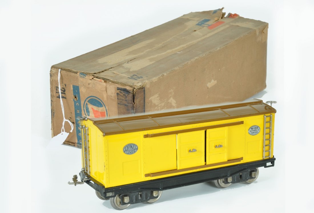 Super Boxed Late Lionel 214 Boxcar: ST. Gauge. Clean & shiny full nickel variation. It shows very light playwear with a couple of minor nicks on the roof edge, ob C7+-8 Nice example