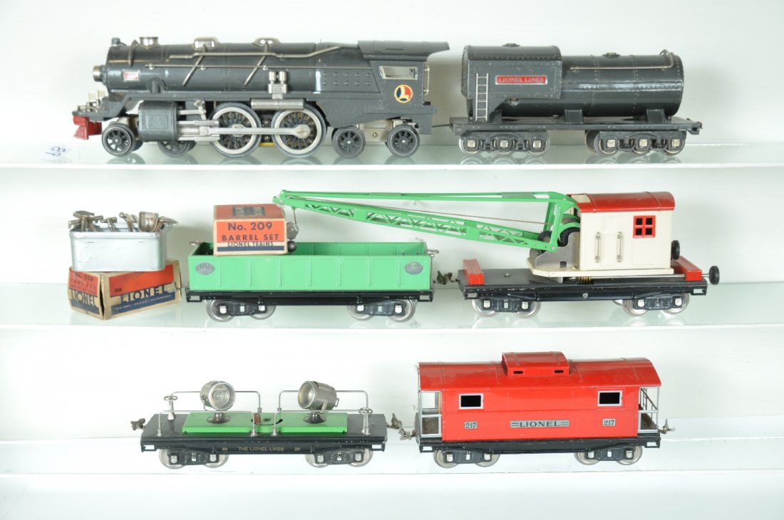Clean Lionel Work Train (358WX): ST. Gauge. Nice clean set including a 400E loco with straight castings with the frame having a few hairlines on the front edge; the 400W Vanderbilt tender matches color nicely, but needs wiring and sh
