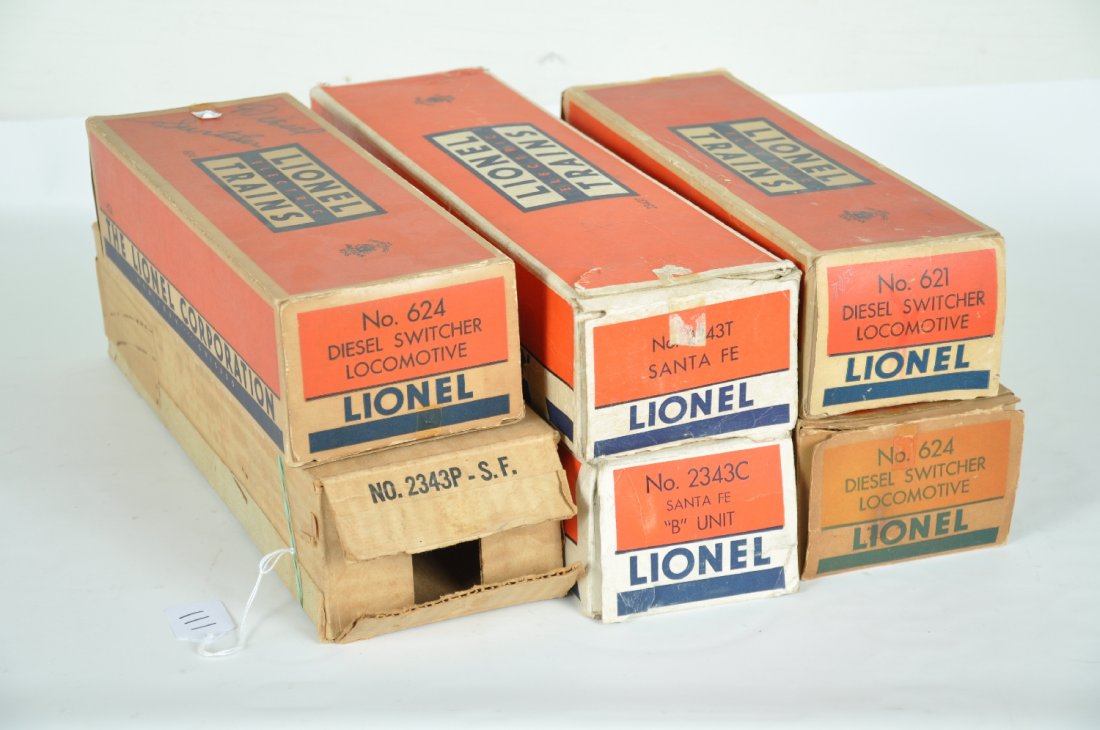 6 Empty Lionel Diesel Boxes: Includes a 621, 624 with insert; 624 some graffiti; 2343P; 2343C; 2343T with insert. All show wear, but usable, C6
