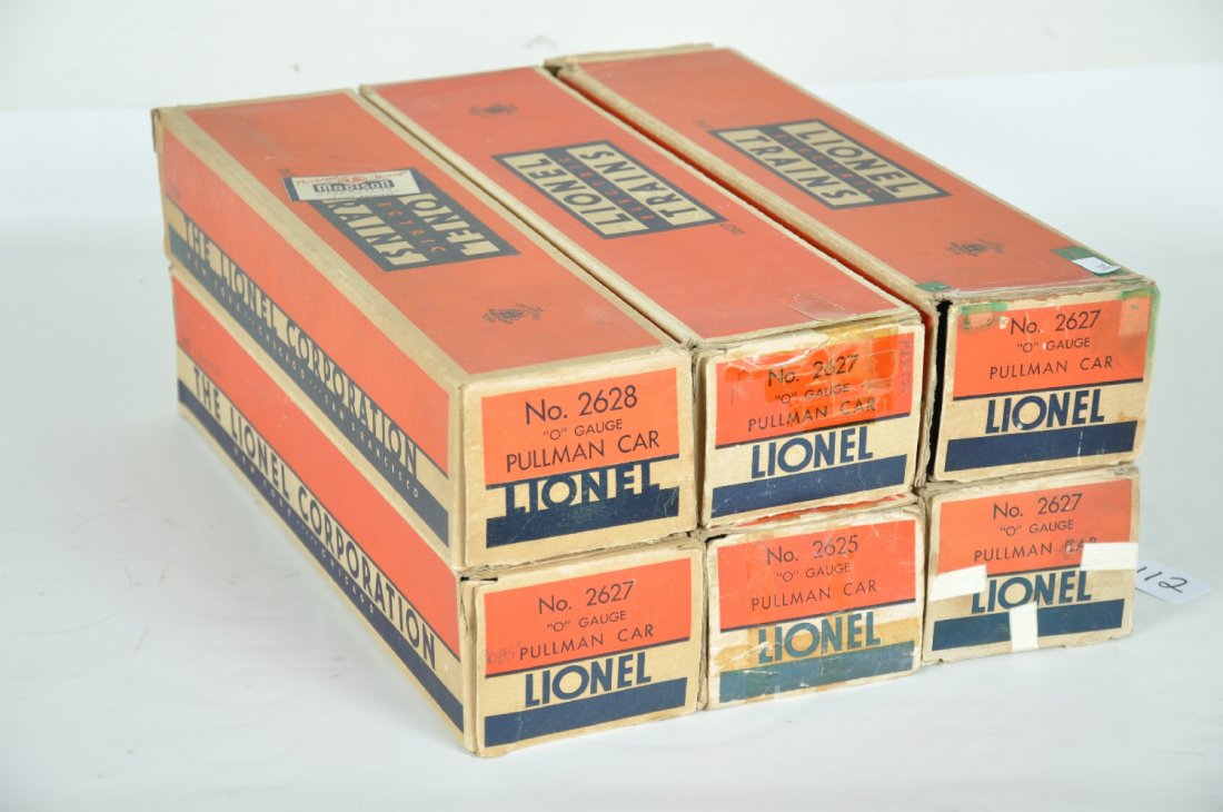 6 Empty Lionel Madison Car Boxes: Includes 2 #2627 & a 2628 3-city boxes; 2 #2627s & a 2625 2-city boxes. All have end flaps, some taped, may be missing some inner flaps, all show wear but usable, C5-6