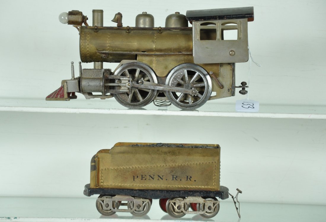 Elektoy PRR Steam Locomotive: 2 Gauge. Circa 1912. Nice original 0-4-0 loco, just missing it's boiler front plate; Penna RR tender with nice lettering, missing some coal from coal-pile. Otherwise shows moderate playwear, C5+-6