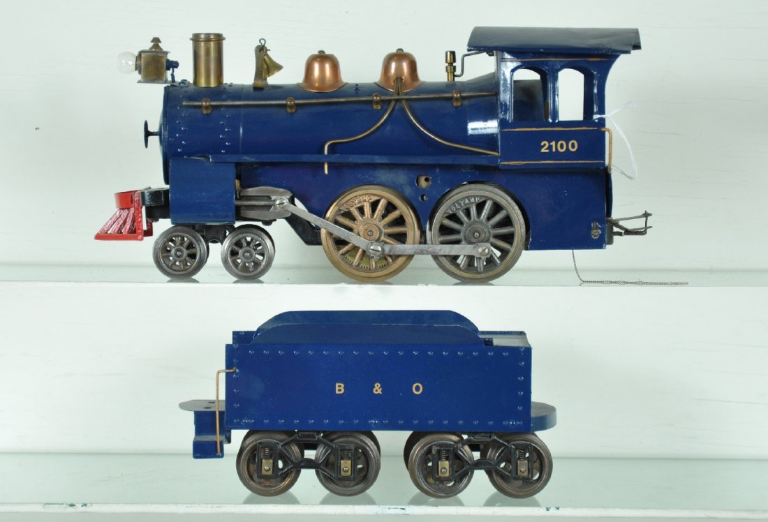 Restored Voltamp 2100 Steam Loco: 2 Gauge, Circa 1912. Nice 4-4-0 steam loco with matching B&O tender. One solder joint loose on cab roof, otherwise restored to appear C7+