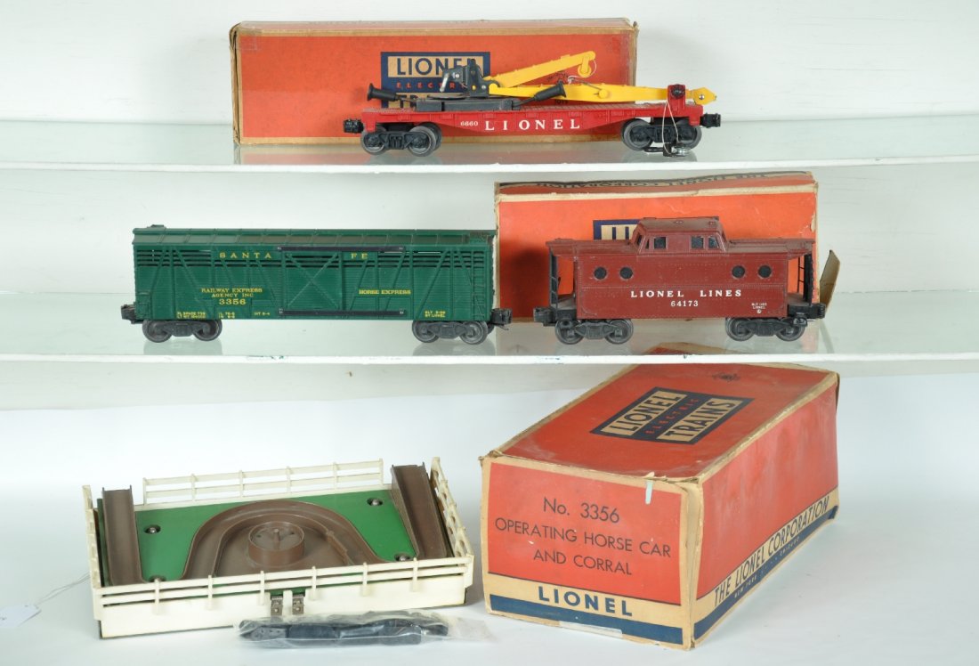 Boxed Lionel 3356, 6660 & 6417: Includes a 3356 Horse car with corral & horses; 6660 flat with deluxe derrick; 6417-1 N5c caboose. All show light to moderate playwear with worn boxes, C6+-7