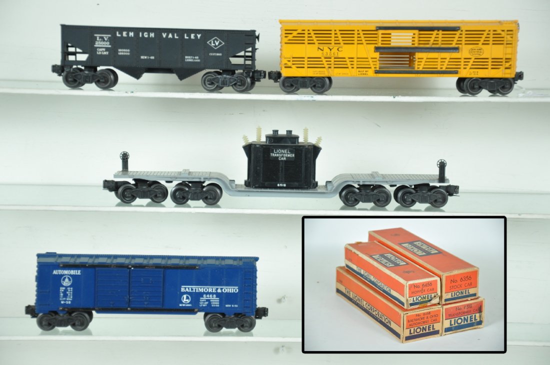 4 Boxed Lionel Freight Cars: Includes a 6518 flat with transformer; 6356 NYC stock car; 6468 B&O boxcar; 6456 LV hopper. All are clean, showing light to moderate playwear with boxes, C7-7+
