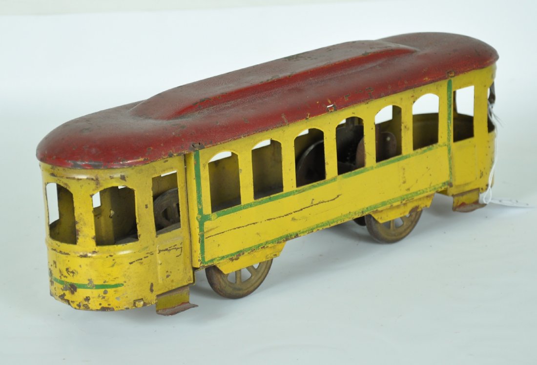 Dayton Trolley Floor Toy: 16" hand painted pressed steel with hill climber mechanism dated 1921. It shows moderate playwear and fairly clean, C5+-6