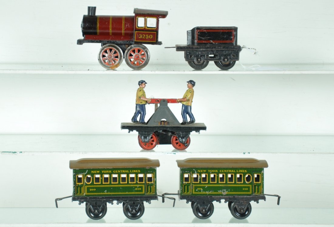 Bing Train Set with Handcar: O gauge. Cute litho tin hand car with functional mechanism, wheels touched up; 3250 steam loco, mechanism not functioning; tender; 2 #210 NYC coaches. Litho shows moderate playwear, Otherwise C6-7