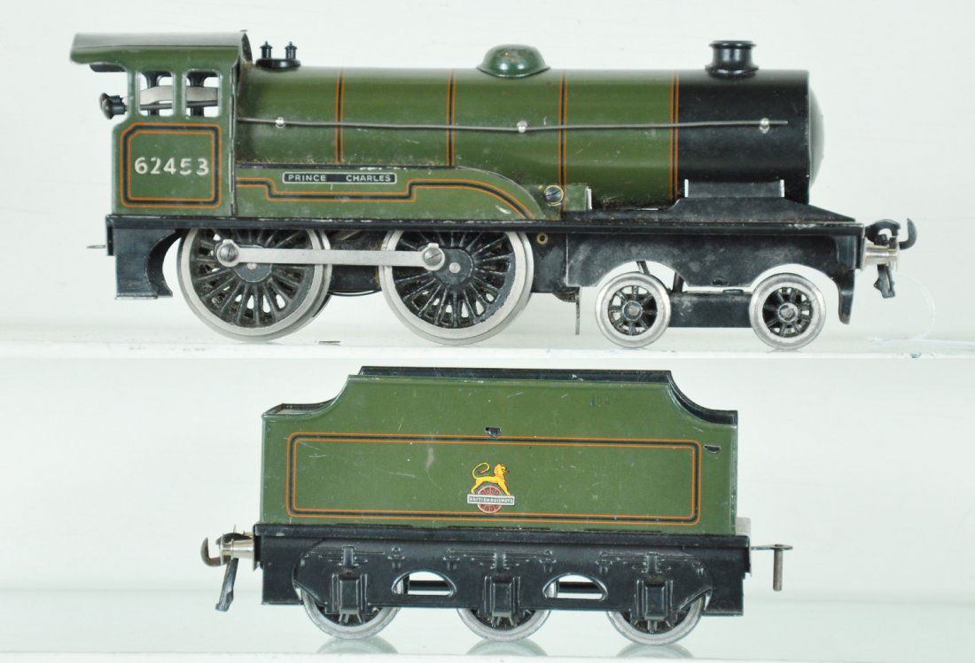 Bassett-Lowke Prince Charles Loco: Nice O ga. Loco. Mechanism functions with forward & reverse, stop/start & brake. It is clean with a small ding on top of boiler, otherwise shows light playwear, C7-7+