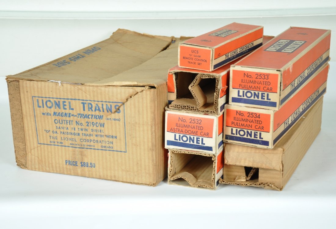 Empty Lionel Boxes For Set 2190W: hear is your chance to box your Super Speedliner set. Boxes include 2353P; 2353T, no flaps; 2352, 2353, 2354, 2351, USC with 2190W setbox, 6" tear on 1 end, all clean with liners