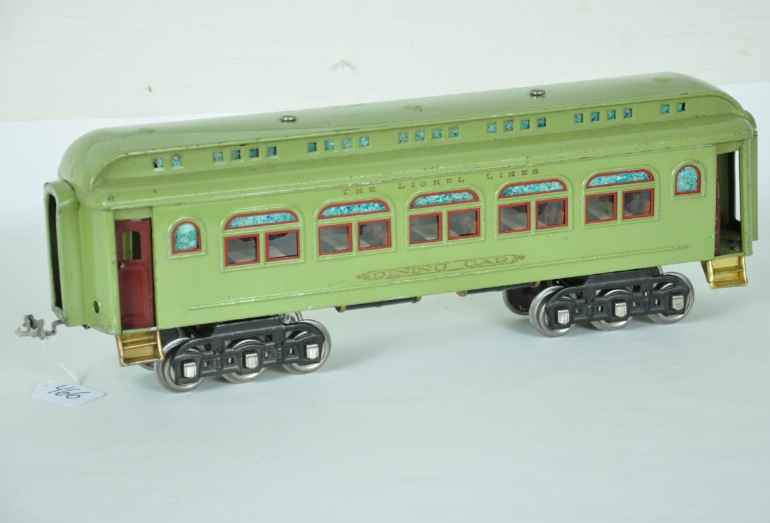 Lionel 413 Diner: St. Gauge. Add this to the above lot with a matching 408E and your off and running. This example is very clean & shiny with nice gold lettering. Interior appears complete from outside view. It shows m