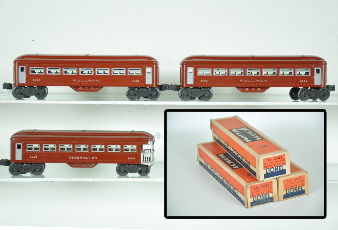 3 Nice Boxed Lionel 2442 Series Cars: Circa 1947, including 2 #2442 Pullmans; 2443 observation. All have white lettering and are very clean & shiny with worn boxes. Cars show very light playwear, C8