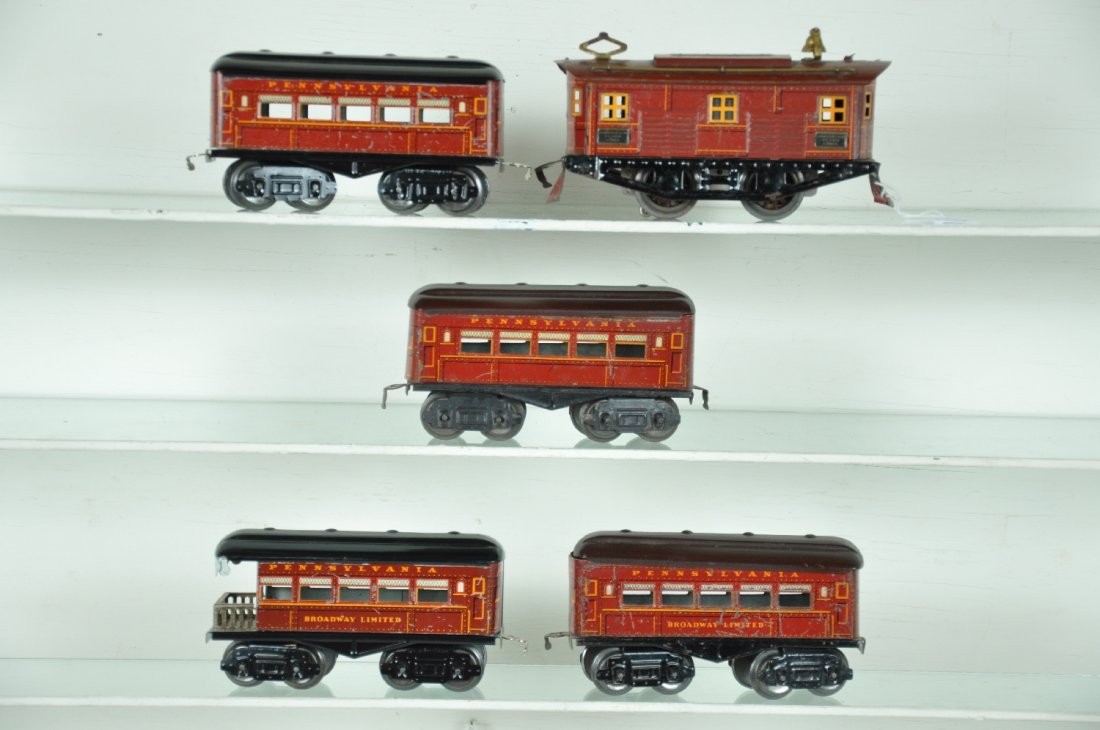 American Flyer Broadway Limited Set: Includes a 3112 boxcab electric; 2 PRR coaches; Broadway Limited Coach; Broadway limited observation. Roofs are restored and 2 frames. Otherwise shows moderate playwear, C5+-6