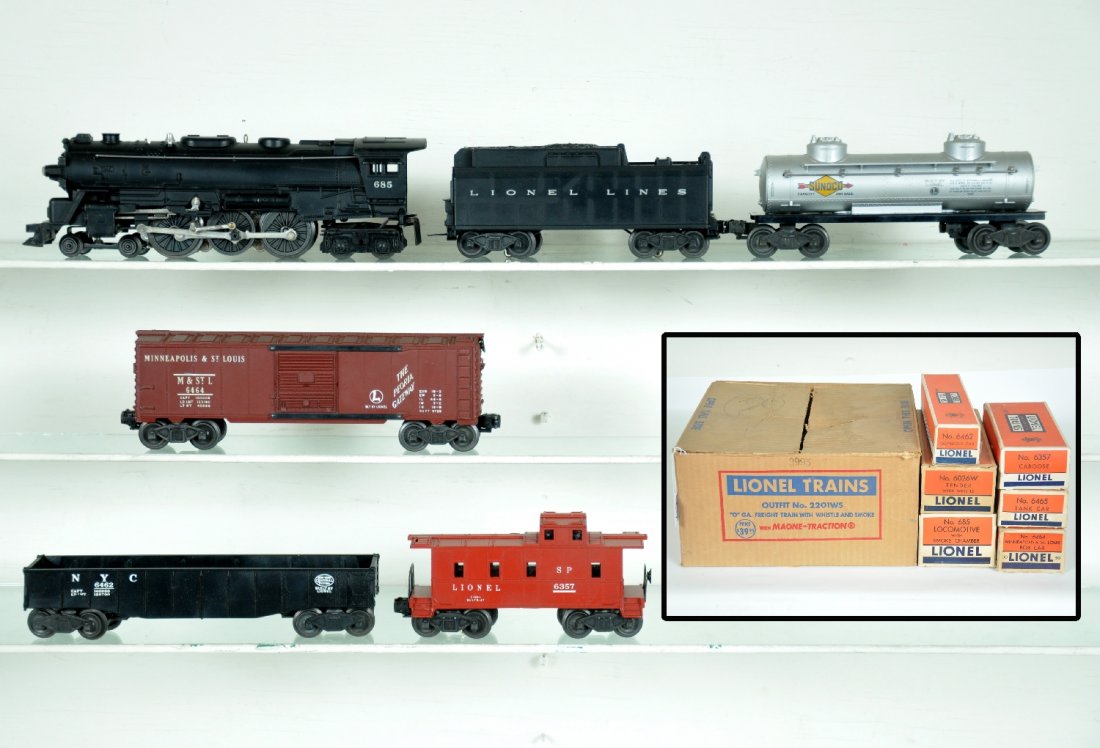Boxed Lionel Set 2201WS: Circa 1954. Includes a 685 steam loco; matching 6026W tender; 6462 gondola; 6464-50 M&StL boxcar, type 1; 6465 tank car; 6357 brick red caboose. All have nice boxes with C8 setbox. Trains show light t