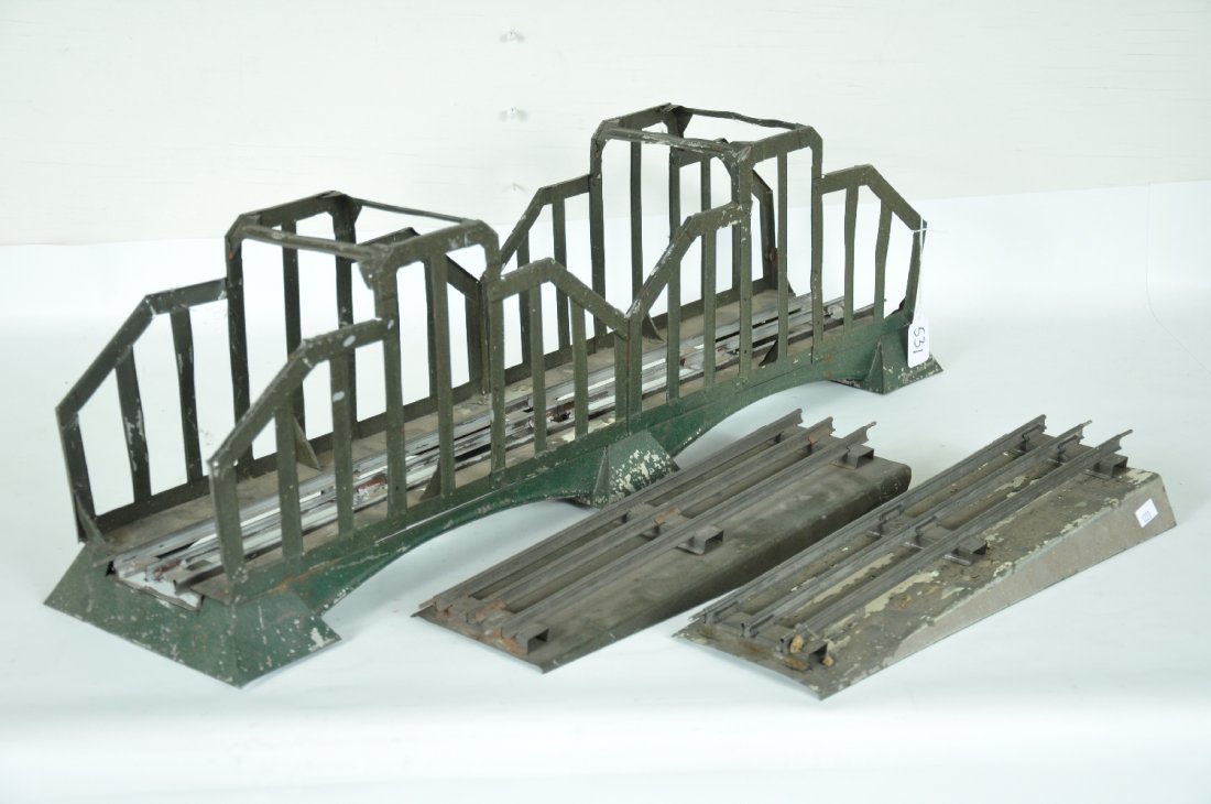 Large Ives 99 Trestle Bridge: ST. Gauge. 56" over-all length, circa 1920. All gray painted with approaches, missing center connecting girders. Makes a great layout piece, C4