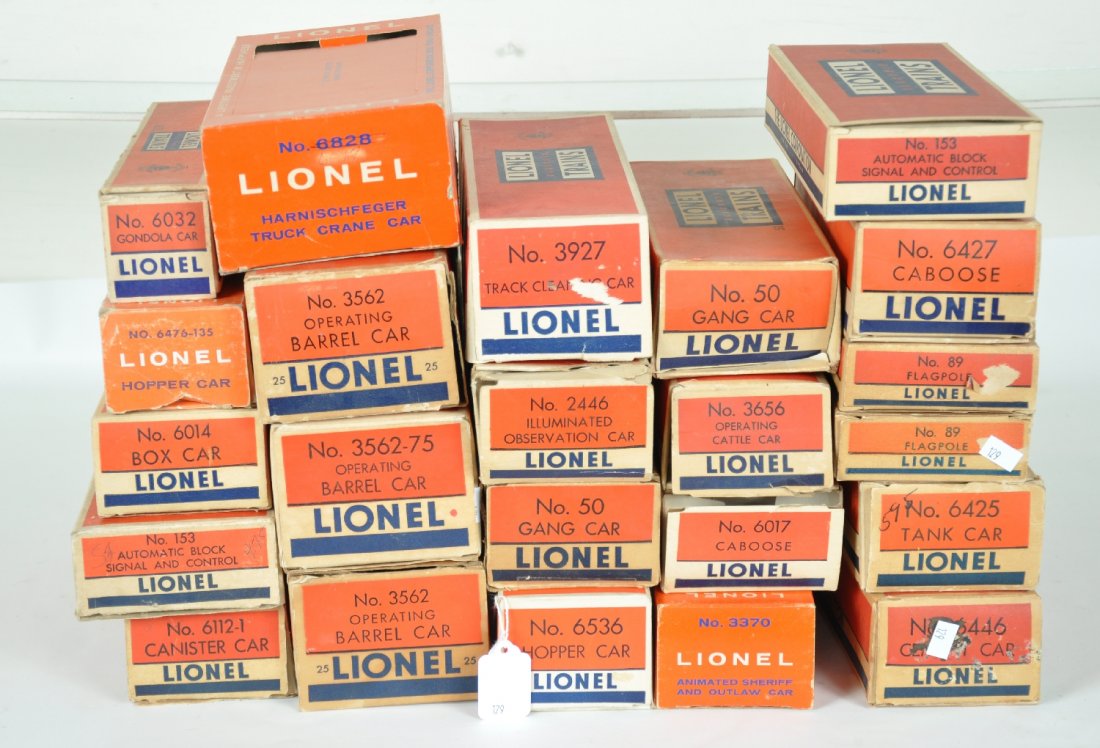 24 Empty Lionel Boxes: Includes 2 #3562-25; 3562-75; 6427; 153; 2 #89 1 with insert; 6425; 6446; 6536; 2 early 50s; 6828, perf window some separations, minor pen graffiti; 2446; 3927; 153; 6026W; 3370; 3656; 6476-135; 6014;