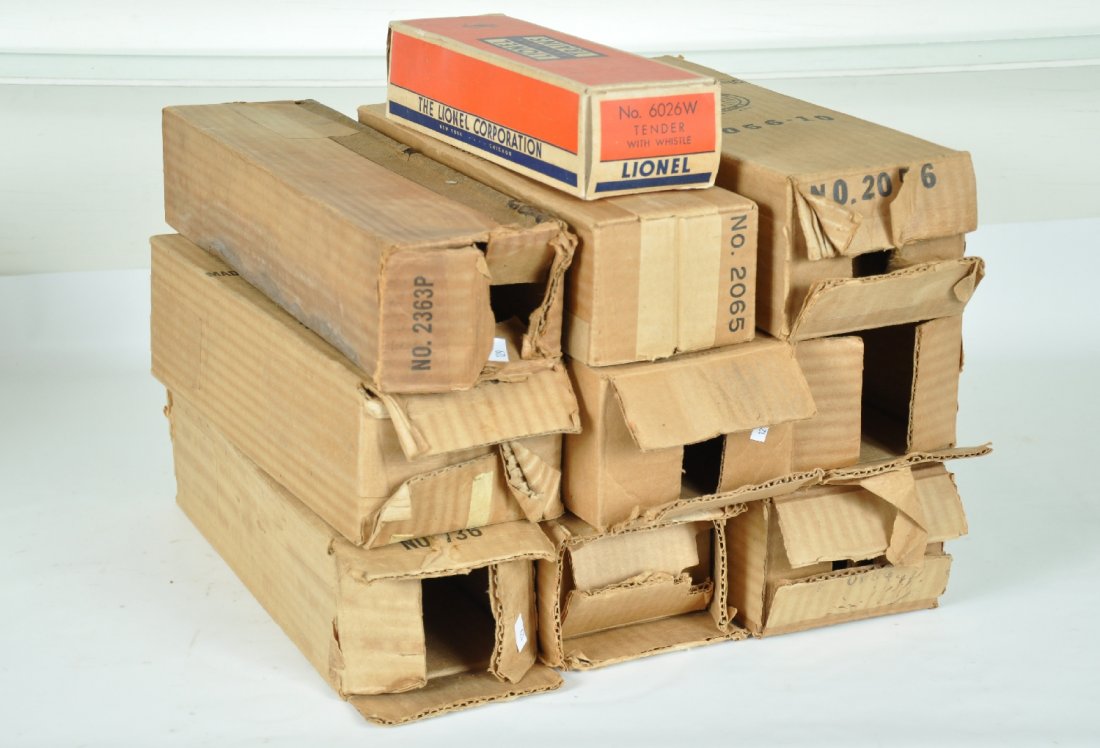 9 Empty Lionel Locomotive Boxes: Includes 2363P, missing 1 flap; 3 #2056 with 2 inserts; late 2065; 736-20; 2353P; 2354P, some clear tape. All are clean and usable