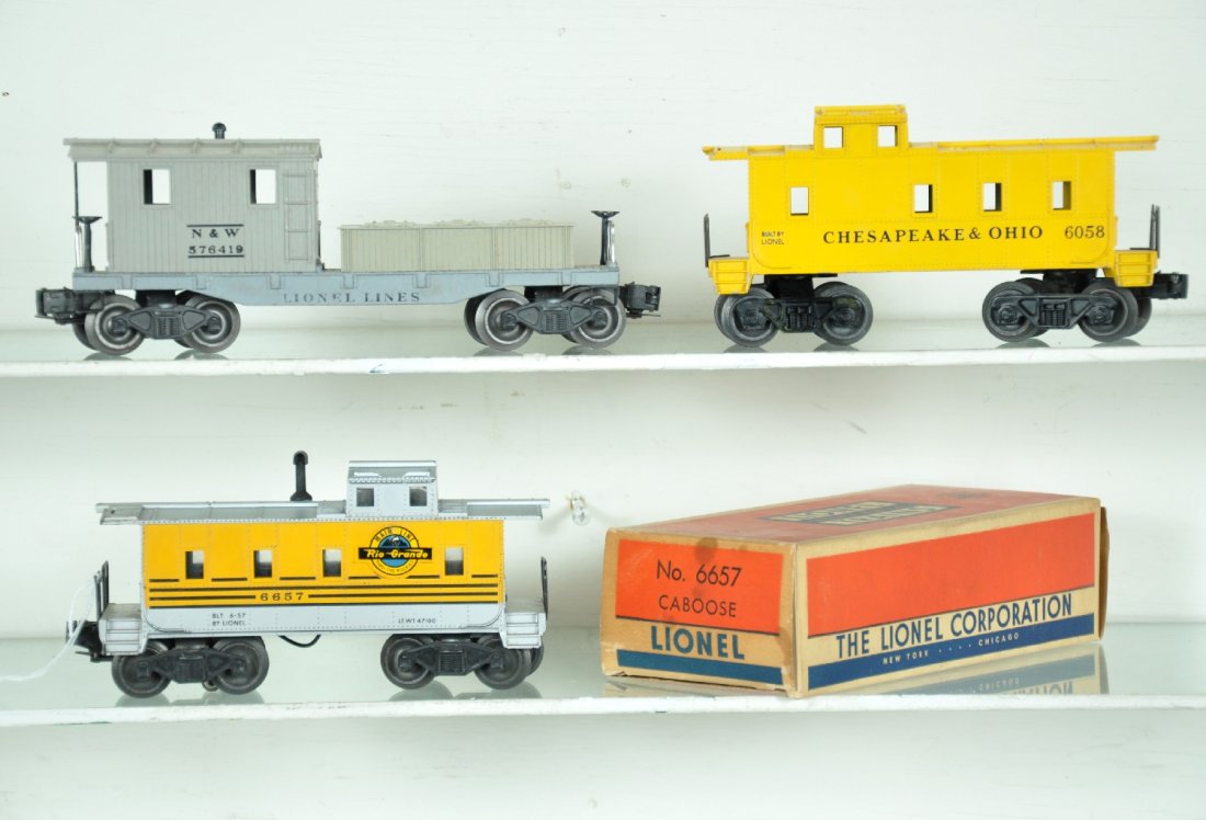 3 Better Lionel Cabooses: Includes a boxed 6657 RG, clean with 99% decals & nice ob, C7+; 6419-100 N&W work caboose; 6058 C&O caboose, small touch-up on copula catwalk, otherwise C7