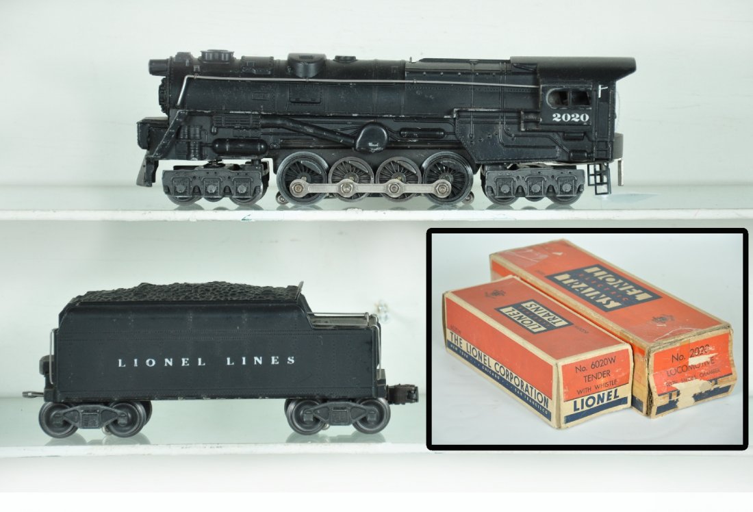 Boxed Lionel 2020 Turbine: Circa 1948. Clean loco with nice stampings and bright rods. Shows moderate playwear, C6+; 6020W tender, fairly clean with nice matte patina, showing light playwear, C8 both have obs, loco is rough wit