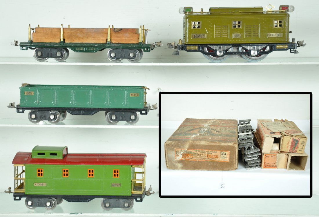 Boxed Lionel 8 Freight Set #353: ST. Gauge. Includes an 8 boxcab electric, rewheeled & rewired; 512 gondola; 511 lumber flat; 517 caboose. All are clean & shiny with boxes, some taped flaps; set box shows wear, Trains show light to m