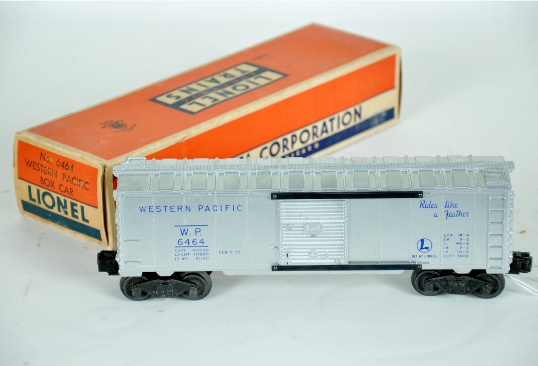 NMint Boxed Lionel 6464-1 WP Boxcar: Clean very bright silver. Type 1 blue lettered example with some signs of handling. It is unrun with inspection label and nice box, C9