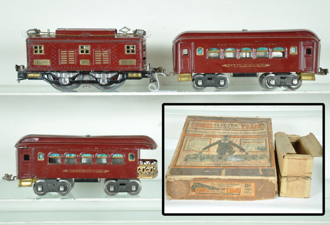 Boxed Lionel Set 350: 1st 8 set. Includes a maroon 8 boxcab electric, rewheeled & rewired; matching 35 Pullman & 36 observation. They have 1 worn box with worn set box. Trains show moderate playwear, though clean & shiny,