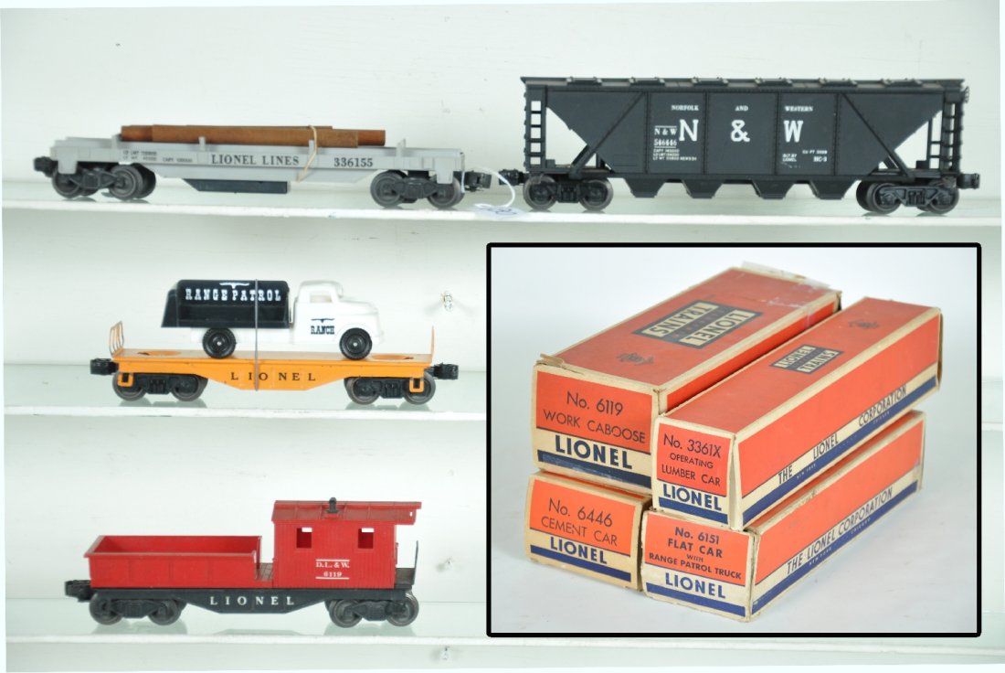 4 Clean Boxed Lionel Freight Cars: Includes 6446 N&W covered quad hopper; 3361X lumber dump; 6119 work caboose, rough ob; 6151 range patrol, C6. Otherwise show light playwear with boxes, C7+-8