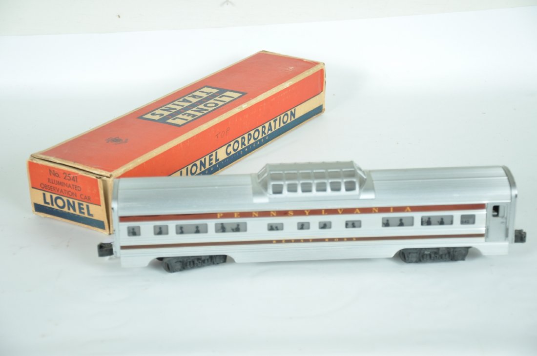Lionel 2542 with 2541 Box: Includes a 2542 Betsy Ross vista-dome with a 1956 2541 box. Car has original stripes and shows light playwear, C7+