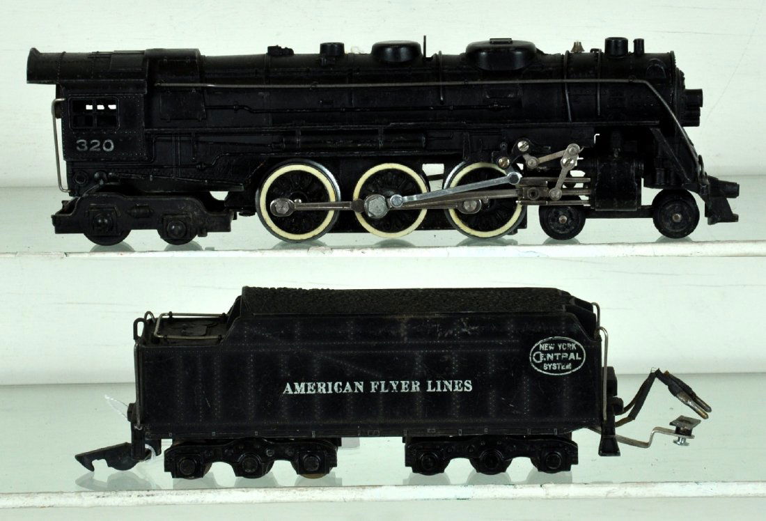 American Flyer 320 NYC Hudson Locomotive: S Gauge. One of the first postwar Hudsons. It is fairly clean with nice rods and lettering. The coupler bar is loose, but posts are intact. It shows light to moderate playwear, C7