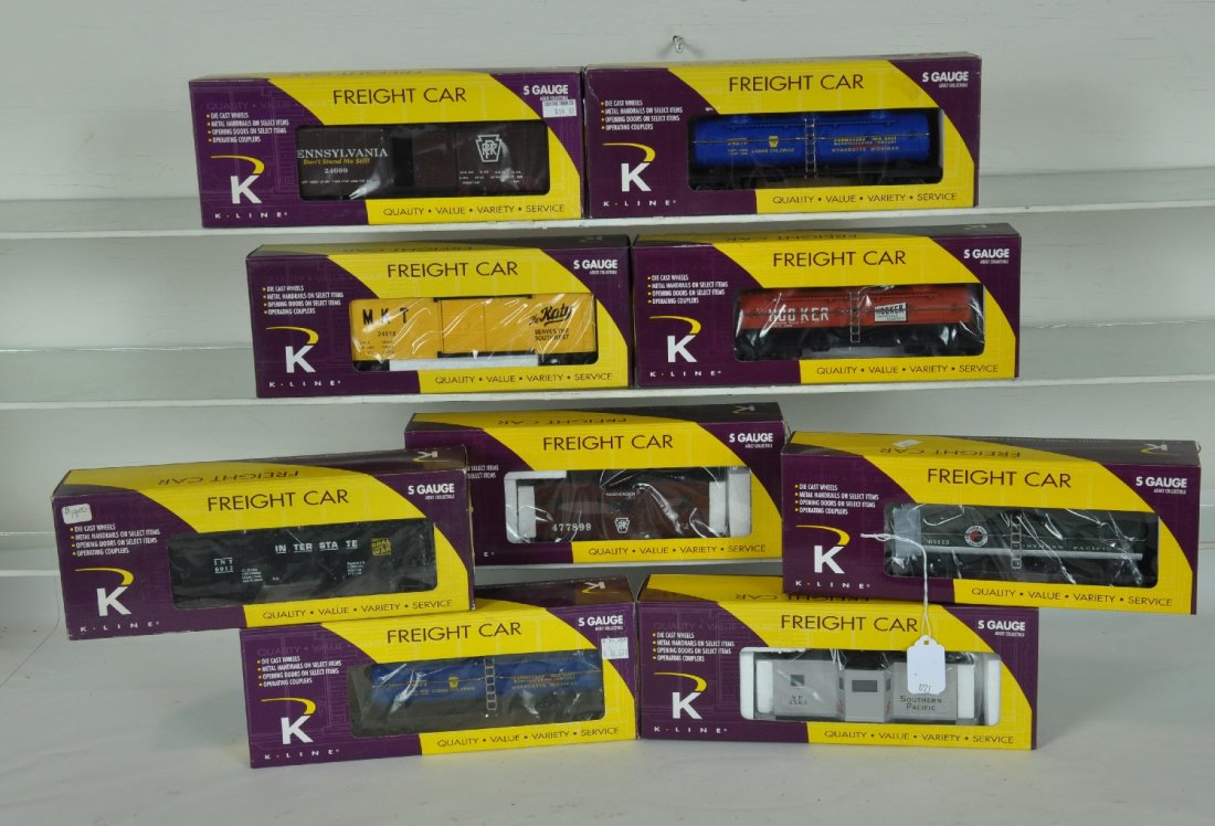 9 K-Line-American Flyer Freight Cars: S Gauge. Includes k511-024 SP caboose; 004 MKT boxcar; 2 #013 PRR tank cars; 014 Hooker tank; 035 Interstate hopper; 020 NP tank car; 023 PRR caboose; 012 PRR boxcar. All are new in boxes, C10